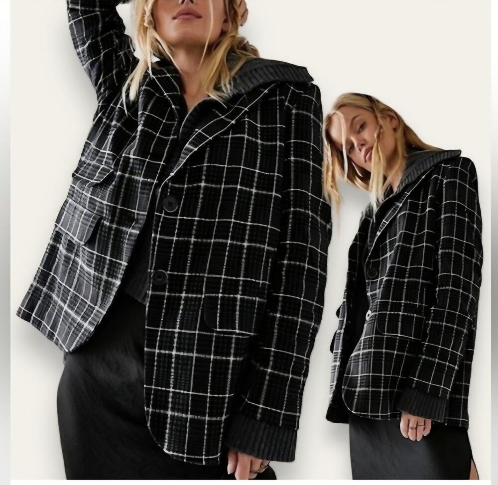 Free People We The Free Cali Plaid Houndstooth Blazer Jacket Black gray NWT S